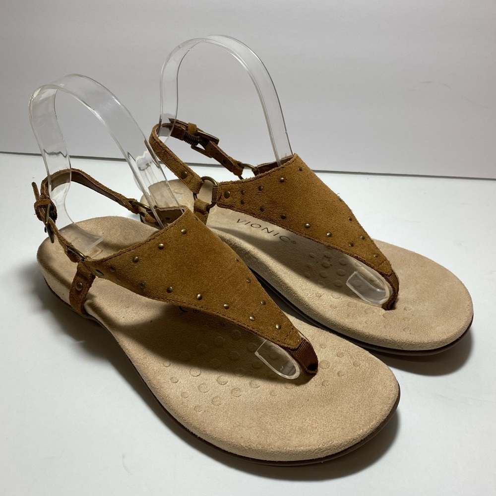 New Vionic Margot Brown Suede Leather Studded T- Back Strap Sandals Size 7